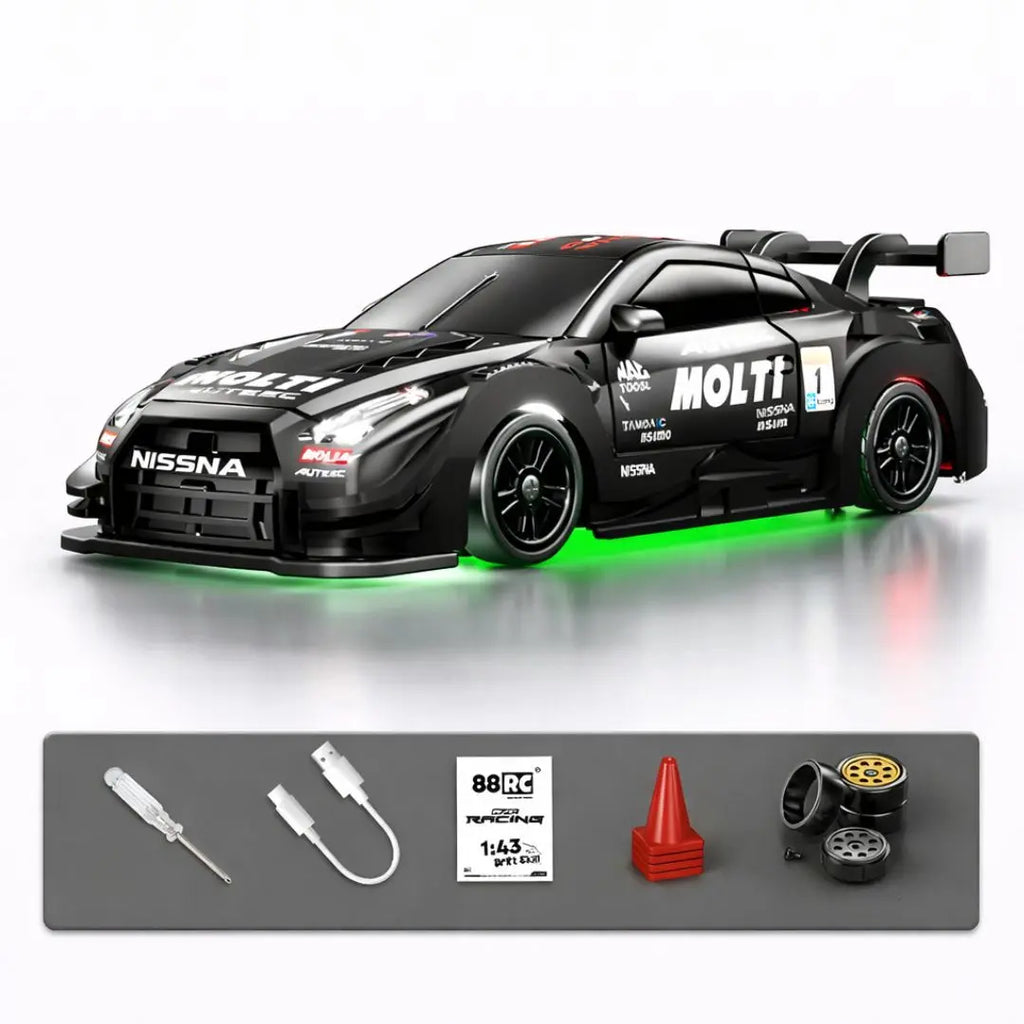88RC Nissan GTR-Style 1:43 4WD RC Drift Car with Gyro, Alloy Body & LED Lights | Old Kid
