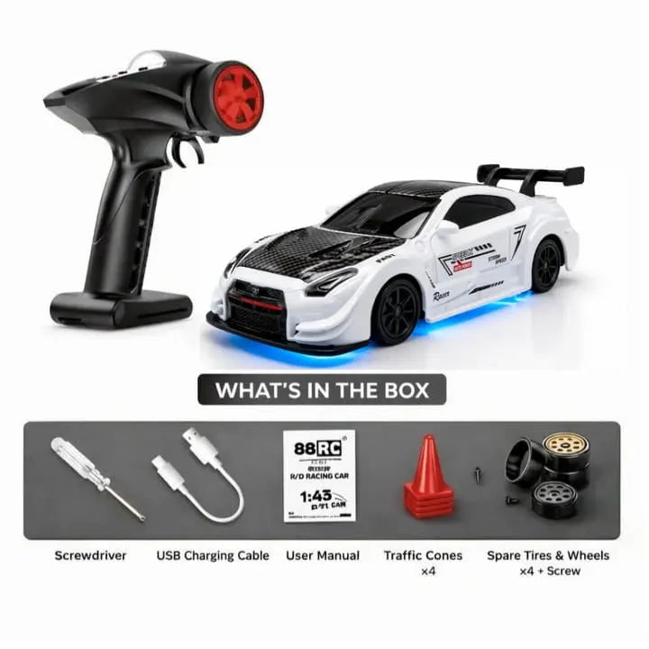 88RC Nissan GTR-Style 1:43 4WD RC Drift Car with Gyro, Alloy Body & LED Lights | Old Kid